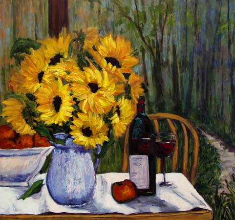 Sunflowers, Red Wine and Apples